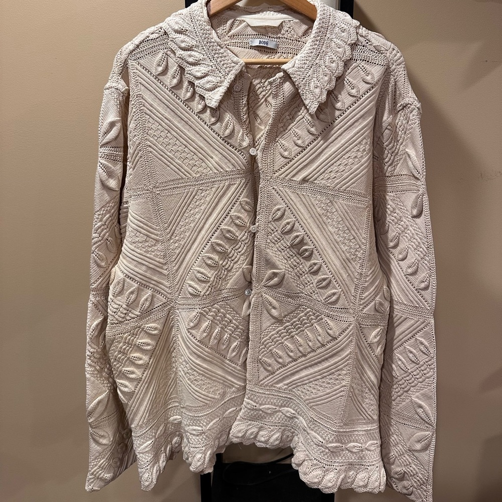 Bode Crochet Frill Collar Overshirt Knit Sweater Beige Jacket